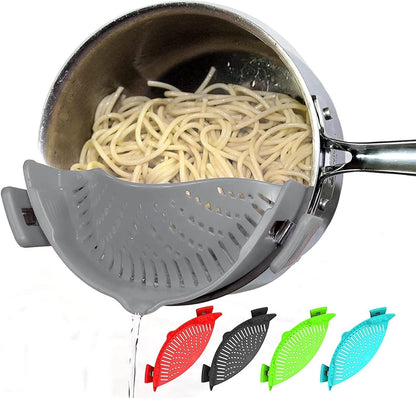 Clip-On Silicone Pot Strainer for Pots & Pans, Adjustable Heat-Resistant Pasta Drainer, Compact Kitchen Colander for Vegetables & Noodles (Grey)