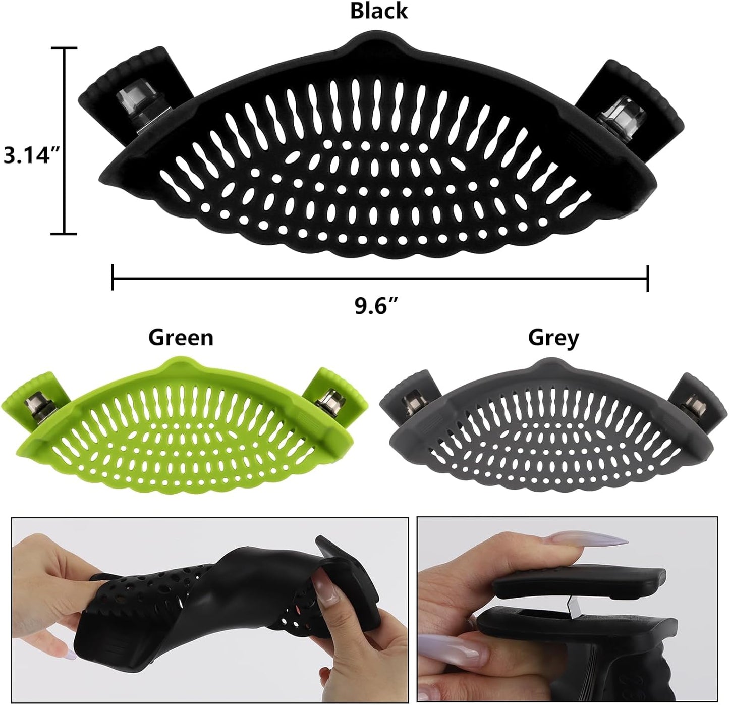3 Pcs Silicone Clip-on Food Strainer Pasta Strainer for All Pots and Pans, Kitchen Colander for Noodle, Vegetables, Meat, Fruit, Spaghetti