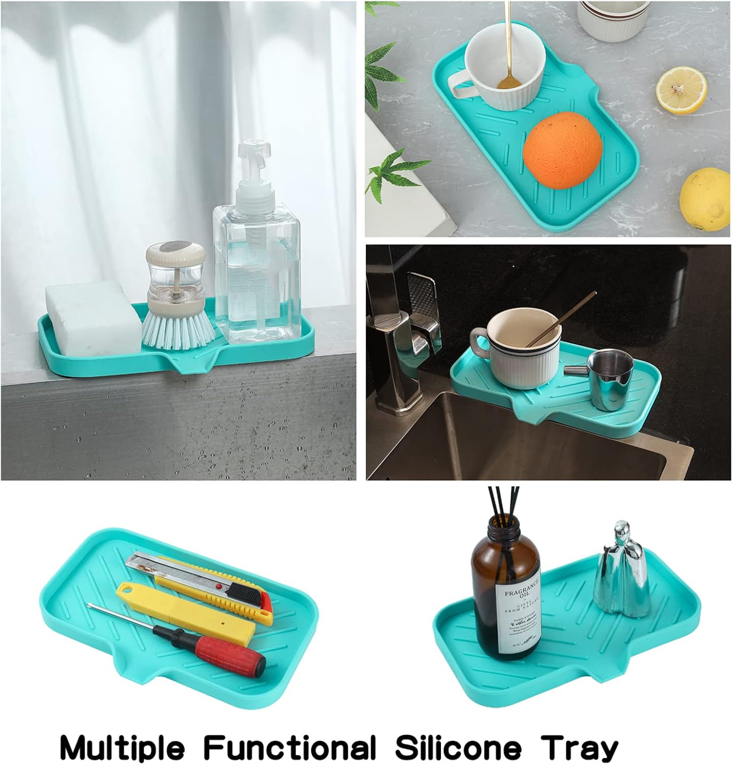 MicoYang Silicone Soap Dish with Drain Spout, Self-Draining Sink Organizer Tray for Bathroom and Kitchen, Sponges, Dispensers and Soap Holder, Non-Slip and Dishwasher Safe, Black (Compact, 4.9"×3.2")