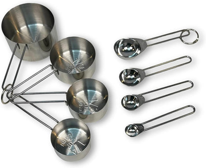 Silver Stainless Steel Measuring Cups and Spoons Set, 8 Piece, Engraved Measurements, Durable Nesting Kitchen Set