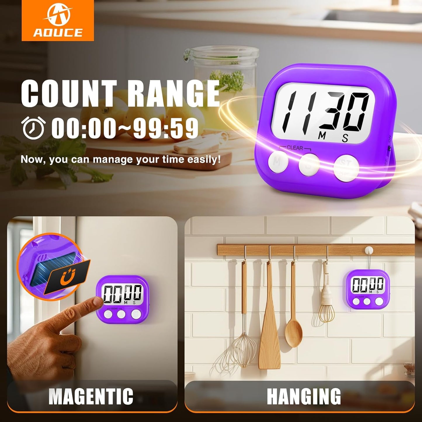 2 Pack Digital Kitchen Timer for Cooking Big Digits Loud Alarm Magnetic Backing Stand Cooking Timers for Baking White