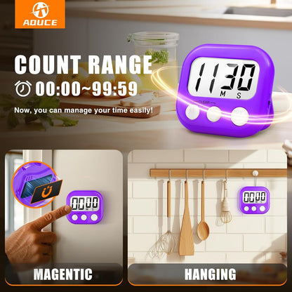 2 Pack Digital Kitchen Timer for Cooking Big Digits Loud Alarm Magnetic Backing Stand Cooking Timers for Baking White