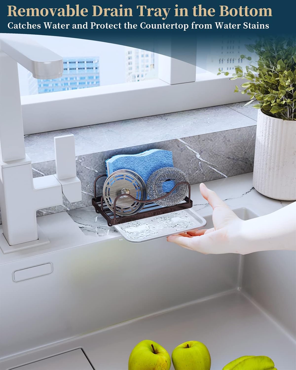Consumest Sponge Holder for Kitchen Sink - Movable Sink Caddy for Countertop Organizer, 304 Stainless Steel Sponge Holder with Detachable Drip Tray for Kitchen Accessories-Silver