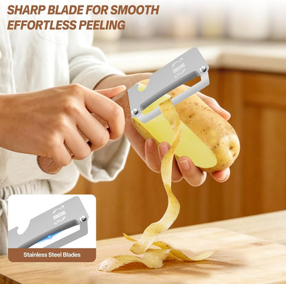 Multi-Functional Vegetable Peeler, Non-Slip Wooden Handle with Sharp Stainless Steel Blade, Built-in Bottle Opener - Perfect Kitchen Peeler For Veggie, Fruit, Potato, Carrot, Apple