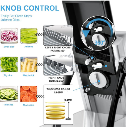 Safe Mandoline Slicer for Kitchen, 6 in 1 Vegetable Chopper, French Fry Cutter For Potatoes, Potato Slicer,Food Chopper,Adjustable Thickness 0.1-8 mm, With Peeler/Cleaning Brush (Black)