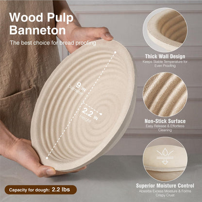 Wood Pulp Banneton Bread Proofing Basket Set, Non-Stick Dough Proofing Bowl for Sourdough, Sourdough Starter Kit Bread Baking Supplies Making Tools (Round)