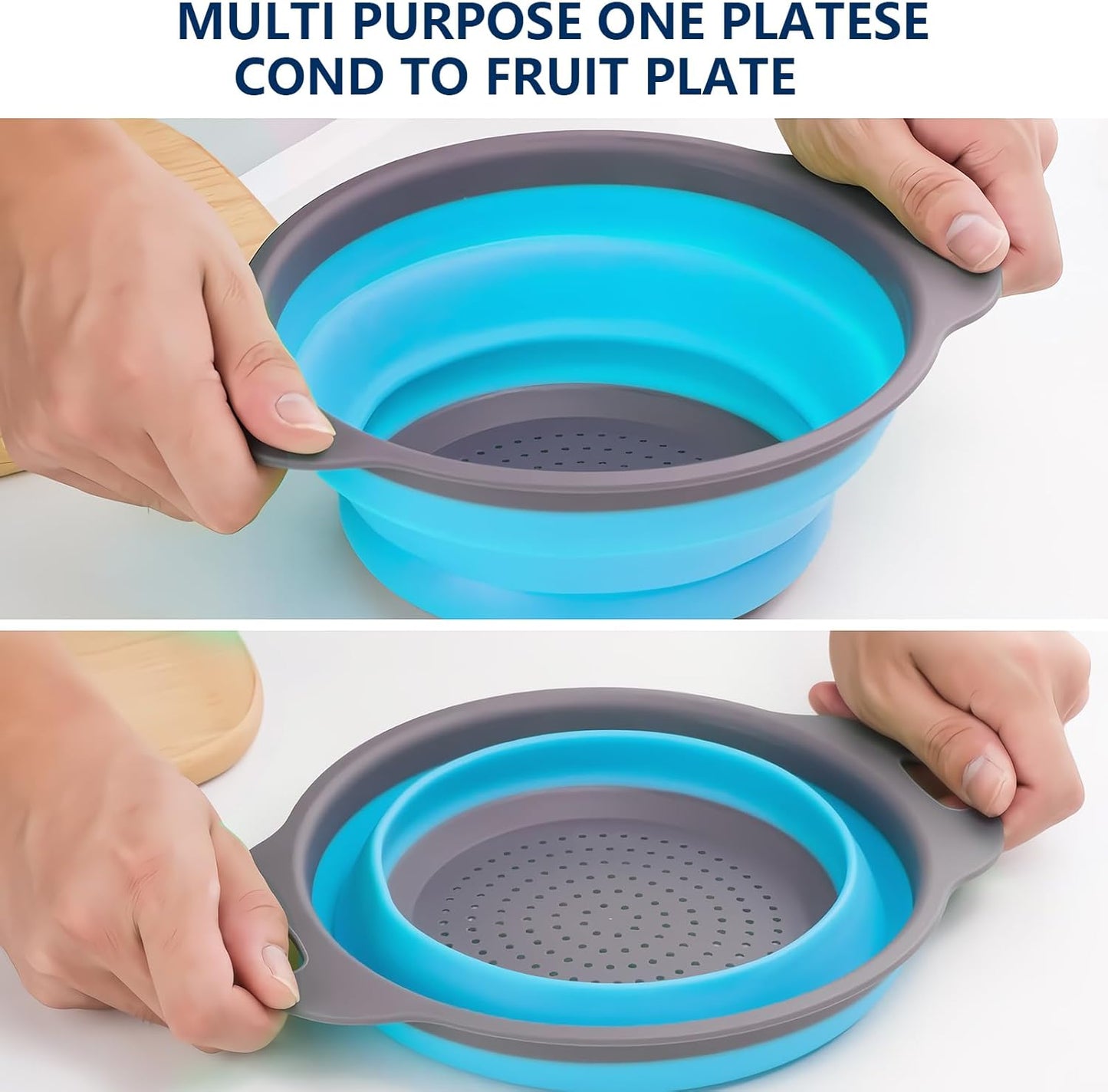 Collapsible Colander Set of 3 - Heat Resistant Washing and Draining of Vegetables Fruits Pasta - Perfect for Kitchen and Travel Use (3PCS-Blue)
