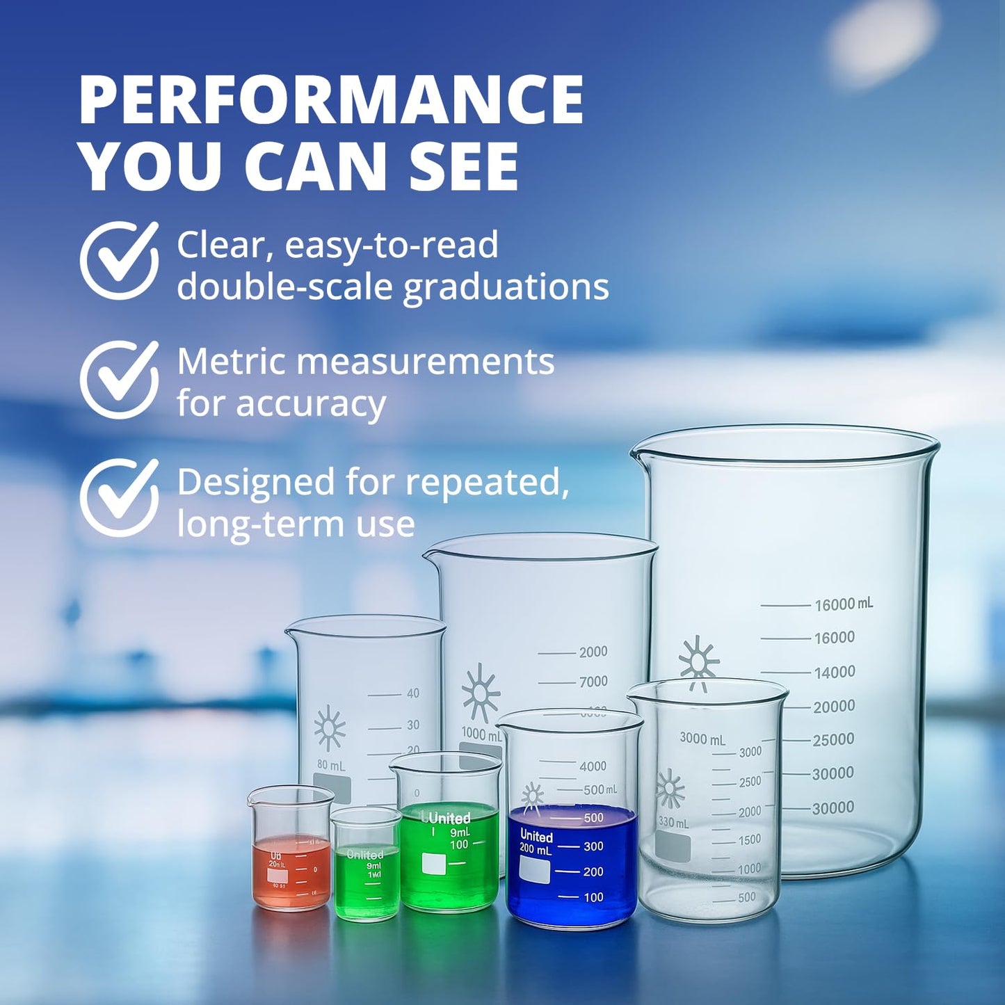 United Scientific™ Chemistry Glassware Measuring Beaker, 1000mL Low Form Griffin, 3.3 Borosilicate Laboratory Glassware, Double Scale Graduated, Autoclavable, ASTM-E960 Compliant, 1 Each