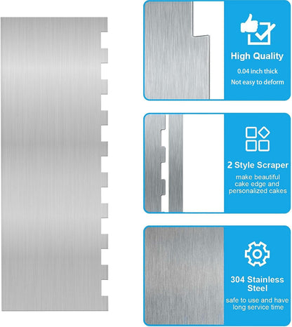 2 Pieces 8.7 Inche Stainless Steel Cake Scraper Double Sided Patterned Edge Stripe Edge Smoother Frosting Scraper Cake Decorating Cake Decorating Comb Cake Scraper For Butter Cream Mousse(2, 2)