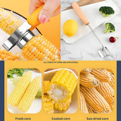 Corn Kernel Remover Combo Set - Stainless Steel Corn Stripper Pliers & Wooden Handle Scraper | Quick Effortless Corn Peeler Tools for Kitchen, BBQ, Canning | Dishwasher Safe & Ergonomic Design