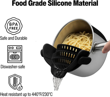 Silicone Pot Strainer, Emptycolor Adjustable Clip On Strainer for Pots Pans, Heat Resistant Pot Drainer, Kitchen Pasta Colander for Vegetables and Noodles (Grey)