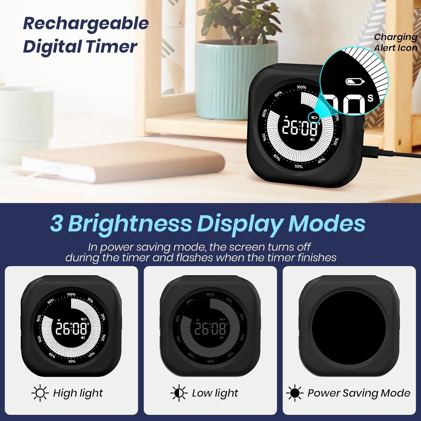 PERSUPER Visual Timer for Kids, 10 Hours Countdown/Up, with Rechargeable, 3 Volume Levels, 3 Brightness Display, and Magnetic, Homeschool Study Tool, Large Digital Timers for Classroom, Kitchen