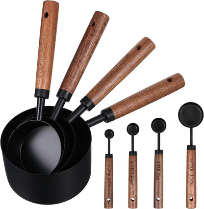 Stainless Steel Measuring Cups Set and Measuring Spoons Wooden Handle Metal Measure Cups and Spoons for Cooking and Baking, Gold, 8 Piece