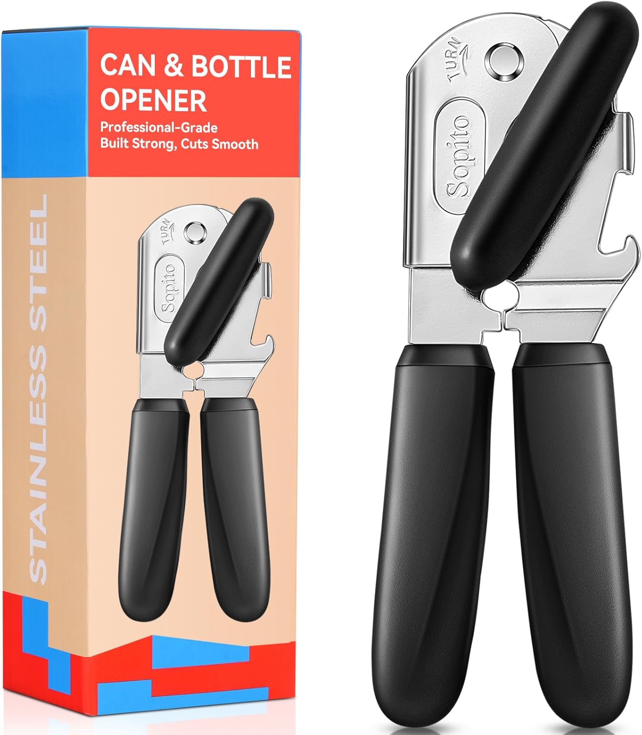 Sopito Can Opener Manual Magnetic Can Openers for Seniors Heavy Duty with Sharp Stainless Steel Blade, Black