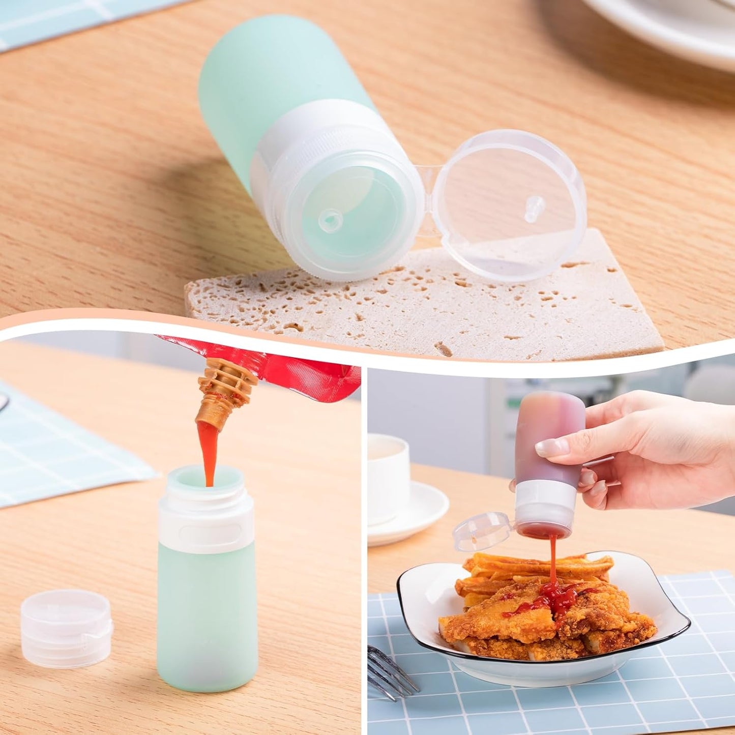 MICEBAY 8-Pack Salad Dressing Container To Go, 2-oz Silicone Small Condiment Squeeze Bottles and 1.6 oz Stainless Steel Sauce Containers Cups, Leakproof Condiment Containers with Lids for Lunch Box