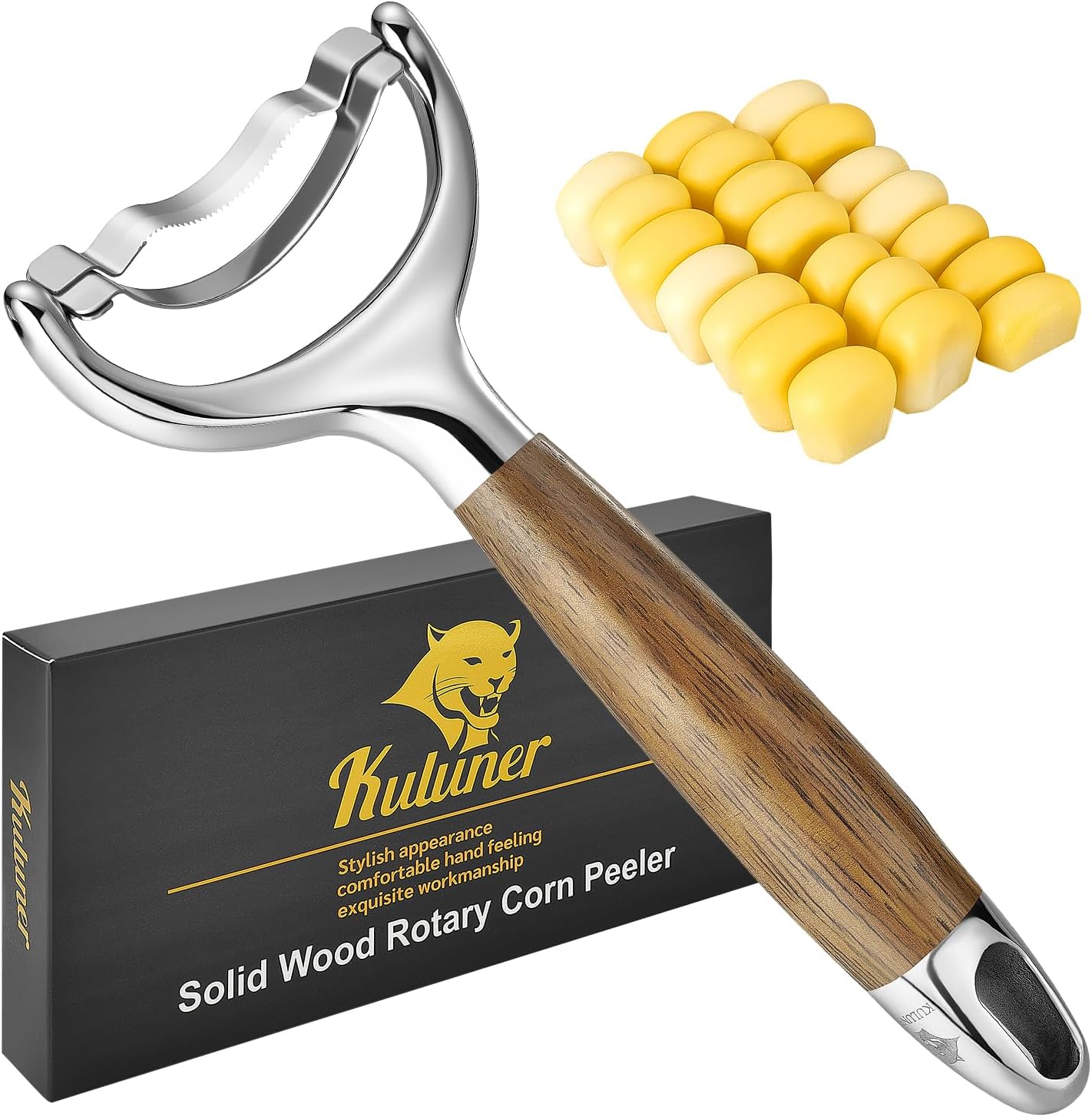KULUNER Durable Stainless Steel Corn Peeler with Polished Wood Handle Corn on the Cob Stripper Kernel Remover Easy Use Corn Kernel Cutter Kitchen Gadget（Rosewood）