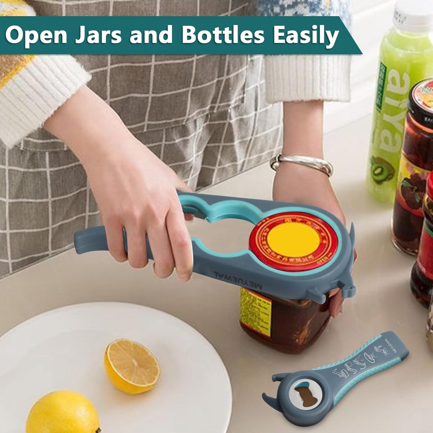 Jar Opener, 5 in 1 Multi Function Can Opener Bottle Opener Kit with Silicone Handle Easy to Use for Children, Elderly and Arthritis Sufferers (Apple Red）