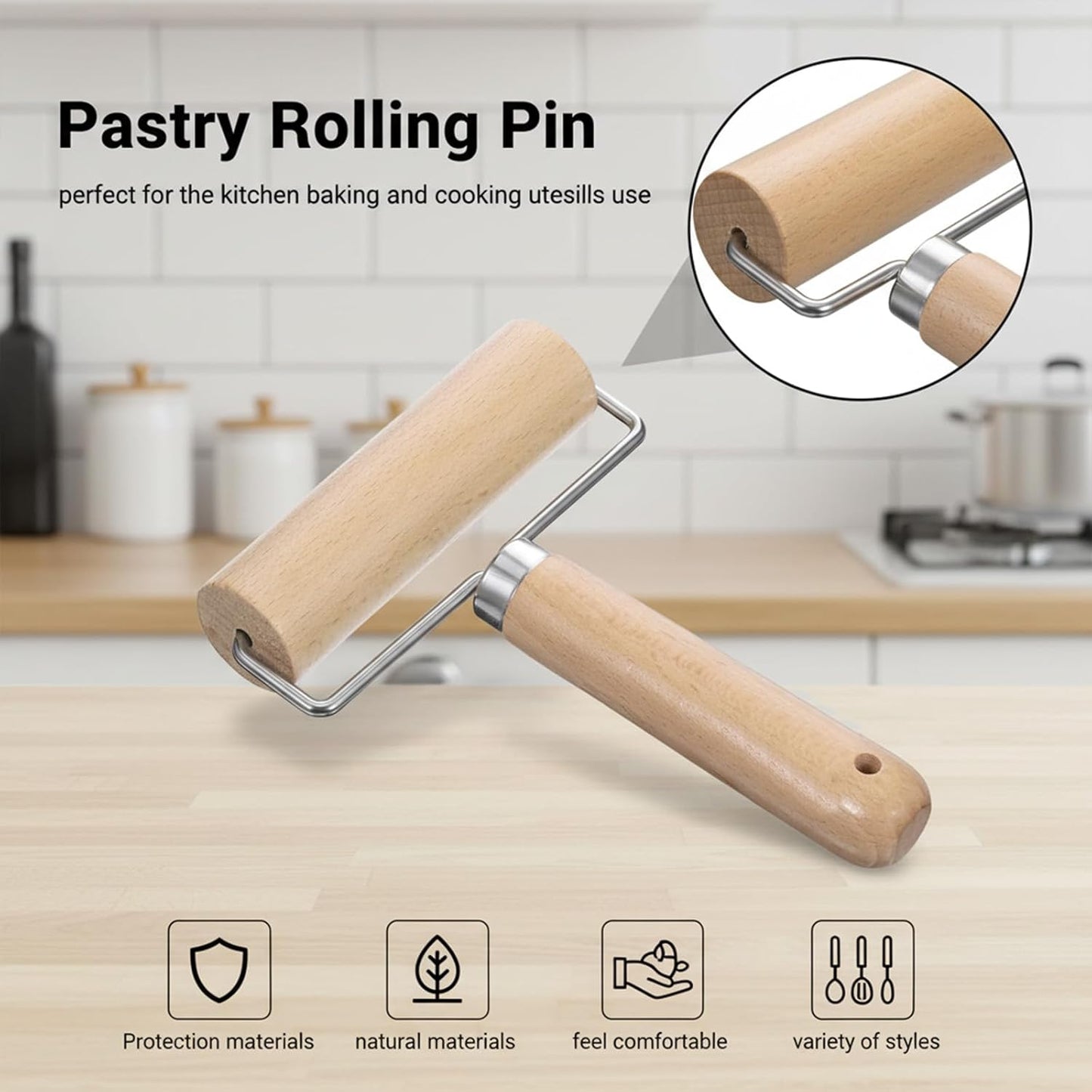 Jeffdad Small Rolling Pin, Wooden Dough Roller with Handle Pizza Roller Non-Stick Mini Dough Rolling Pin for Home Kitchen Baking Cooking