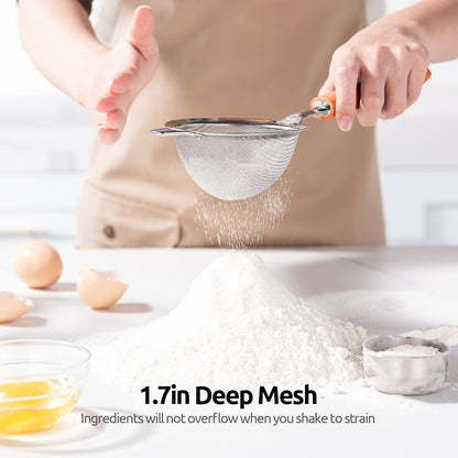 18/8 Stainless Steel Mesh Strainer: U-Taste 5.5 Inch Kitchen Fine Mesh Sieve Food Colander with Riveted Sturdy Silicone Handle and 30 Mesh Hole for Straining Flour, Pasta, Fruit, Quinoa(Aqua Sky)