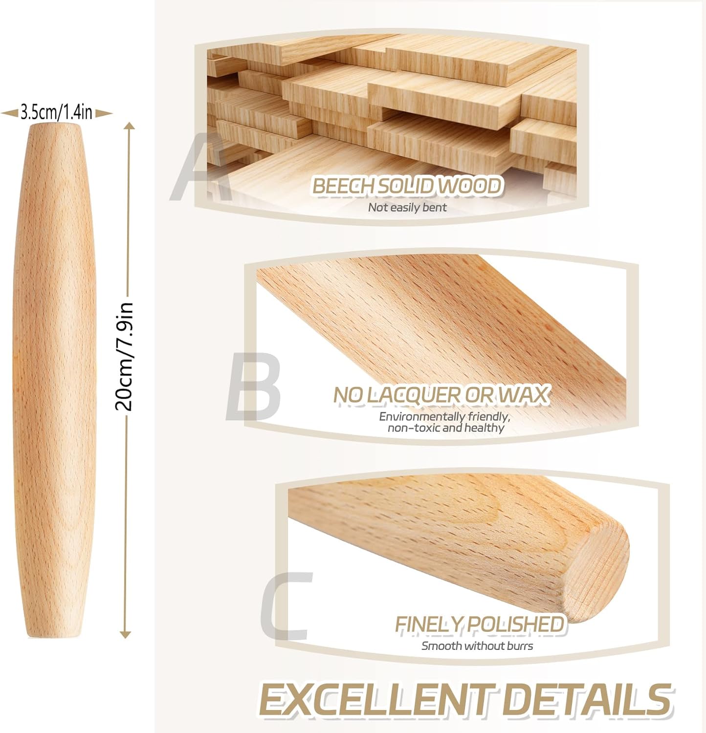 French Rolling Pin for Baking - Tuyotue 7.9 Inches Beech Wood Tapered Rolling Pin Dough Roller for Pizza Dough, Pie Crust Cookie Fondant Dumpling