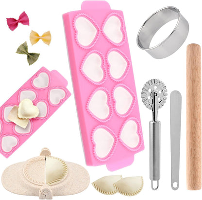 Ravioli Maker Press Ravioli Press Mold Set Heart Ravioli-Stamp Maker Cutter with Wood Rolling Pin, 2.6" Empanada Maker-Press Kit and Ravioli-Wheel, Ravioli-Stamp Making Tools