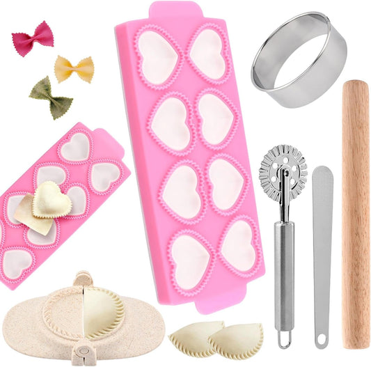Ravioli Maker Press Ravioli Press Mold Set Heart Ravioli-Stamp Maker Cutter with Wood Rolling Pin, 2.6" Empanada Maker-Press Kit and Ravioli-Wheel, Ravioli-Stamp Making Tools