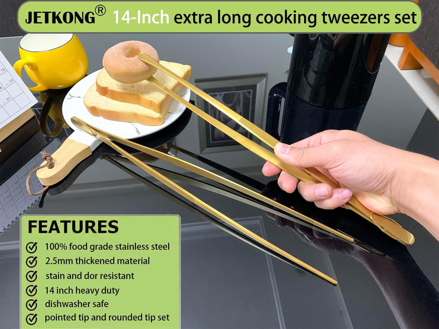 JETKONG 2 Pcs 12-Inch Kitchen Tweezers Fine Tweezer Tongs, Extra-Long Stainless Steel Cooking Tweezers (Silver)