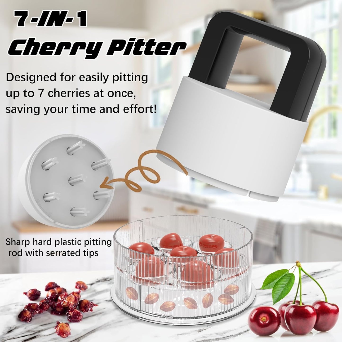 Cherry Pitter Tool,Pit 7 Cherries at Once,Multi-Function Pitting Tool, Portable Cherries Corer Stoner Seed Tool with Ergonomic Push Design,Easy to Use for Making Cherry Jam (Black)