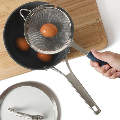Calphalon Edge Stainless Steel Strainer, Fine Mesh Kitchen Colander Strainer with Thermoplastic Rubber Handle, Sifter for Rinsing, Draining & Straining Food, Navy