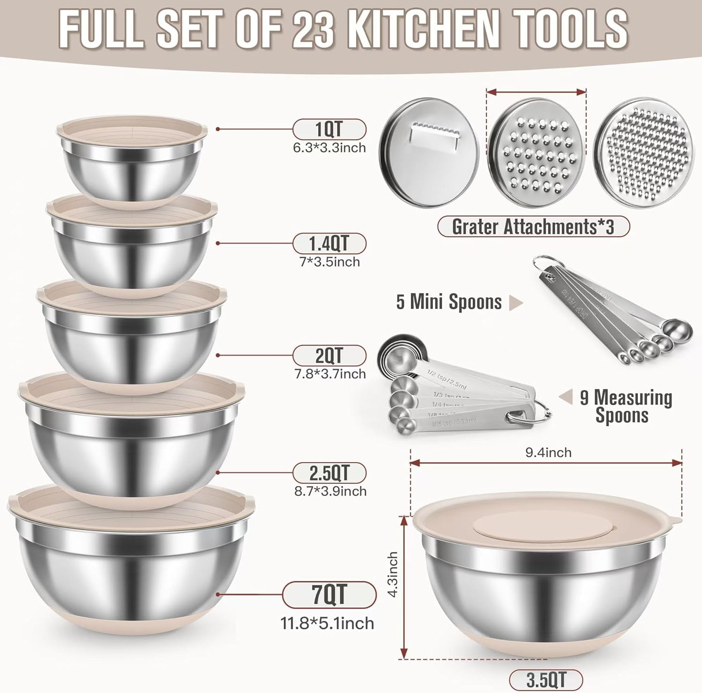 31PCS Mixing Bowls with Lids Set, 5.5QT to 0.6QT Stainless Steel Nesting Bowls with Graters, Large Khaki Bowls & 21 Measuring Cups and Spoons Set Kitchen Appliances for Mixing, Baking, Food Storage