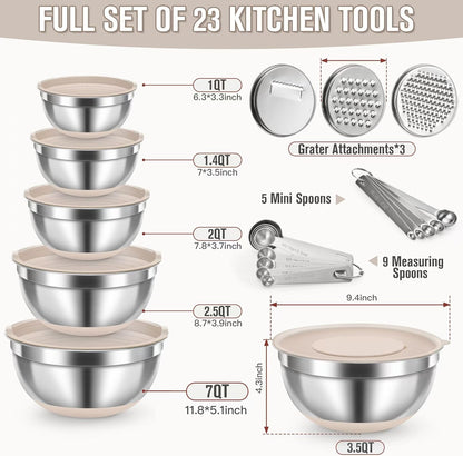 31PCS Mixing Bowls with Lids Set, 5.5QT to 0.6QT Stainless Steel Nesting Bowls with Graters, Large Khaki Bowls & 21 Measuring Cups and Spoons Set Kitchen Appliances for Mixing, Baking, Food Storage