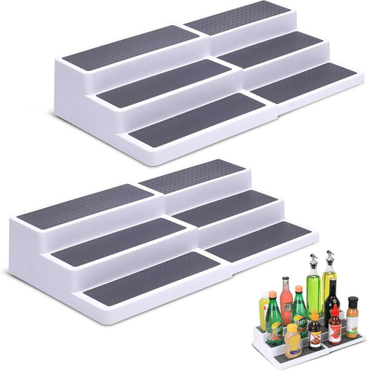 CiWiVOKi 3 Tier Expandable Spice Rack Organizer, White/Grey Plastic Spice Rack, Adjustable Length 14.6In-25.8In, 2 Pack Non-Skid Tiered Spice Shelf Organizer for Kitchen Cabinet, Cupboard, Pantry