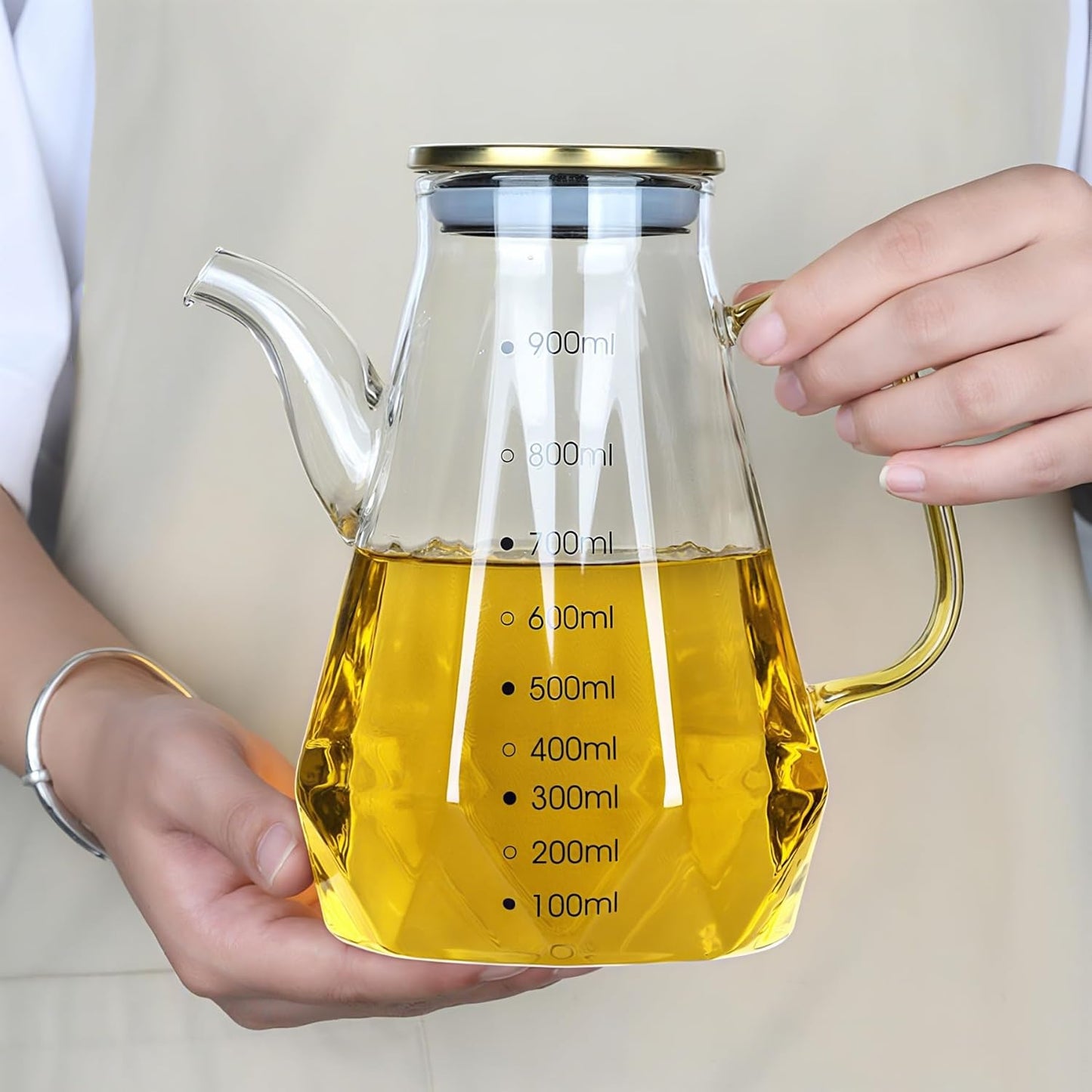 Glass Oil Dispenser Bottle - Glass Olive Oil Bottle for Kitchen, Wide Mouth Borosilicate Glass Cooking Oil Bottles with Lid and Handle (1000ML)