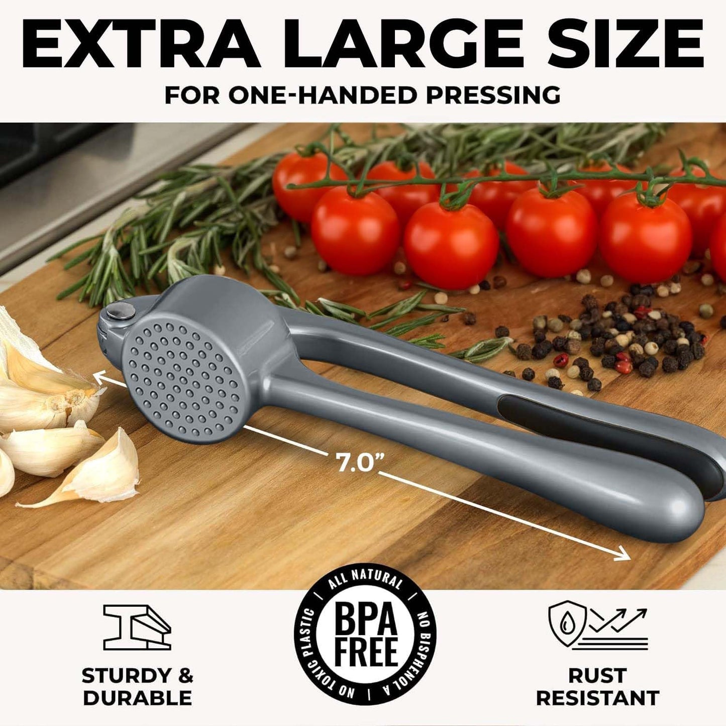 Zulay Kitchen Premium Garlic Press Set - Rust Proof Professional Garlic Mincer Tool - Easy-Squeeze, Easy-Clean with Soft, Ergonomic Handle - Silicone Garlic Peeler & Brush (Silver)