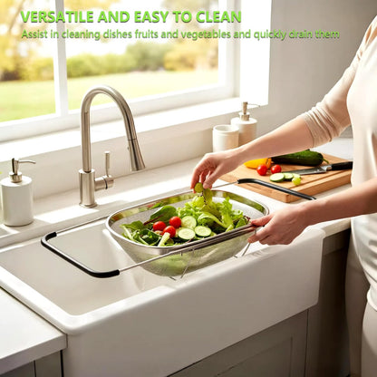 Over Sink Expandable Colander - Collapsible Fine Mesh Strainer Basket with Non-Slip Extendable Silicone Grip, Stainless Steel Kitchen Accessories for Rinsing Pasta, Rice, Fruits & Vegetables
