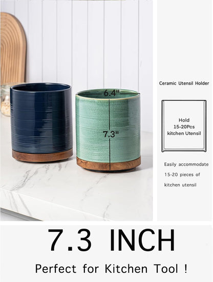 Utensil Holder, 360° Rotating Extra Large Ceramic Kitchen Utensil Holder for Countertop, 7.3“ Cooking Utensil Crocks for Kitchen Counter with Rotatable Wooden Base, Farmhouse Decor, Arctic White