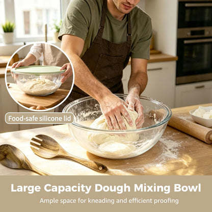 ZALIR Large Capacity Dough Mixing Bowl with Silicone Lid, Clear Glass Basin with Acacia Wood Salad Spoon & Fork for Home Baking, 6.9 qt / 6.55 L Basin for Kneading, Rising, Proofing Dough