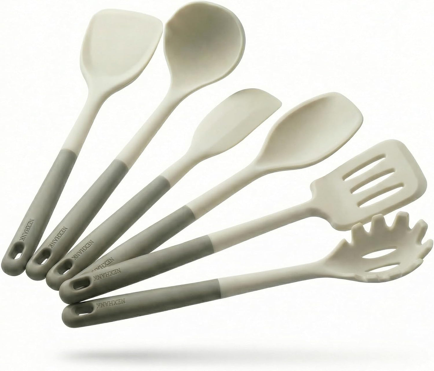 Silicone Kitchen Utensils Set, 6-Piece NON-PLASTIC 500°F Heat-Resistant BPA-Free Dishwasher Safe Cooking Tools with Upgraded Spatula,Turner Ladle Skimmer Pasta Fork Scraper, Cream White &Mocha