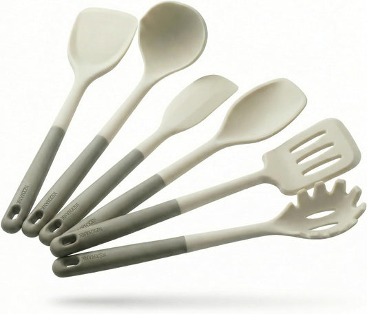 Silicone Kitchen Utensils Set, 6-Piece NON-PLASTIC 500°F Heat-Resistant BPA-Free Dishwasher Safe Cooking Tools with Upgraded Spatula,Turner Ladle Skimmer Pasta Fork Scraper, Cream White &Mocha