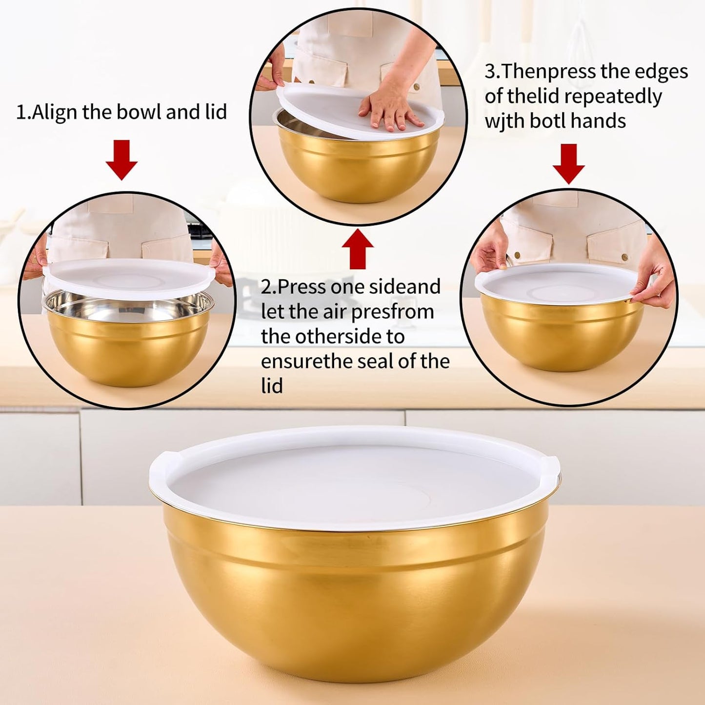 Red Mixing Bowls with Lids Set of 7, Stainless Steel Nesting Bowl with Khaki Lid for Non-slip Mixing Prepping Storing Serving, 7 Sizes-7/3.6/2.7/2.1/1.5/1/0.8 QT