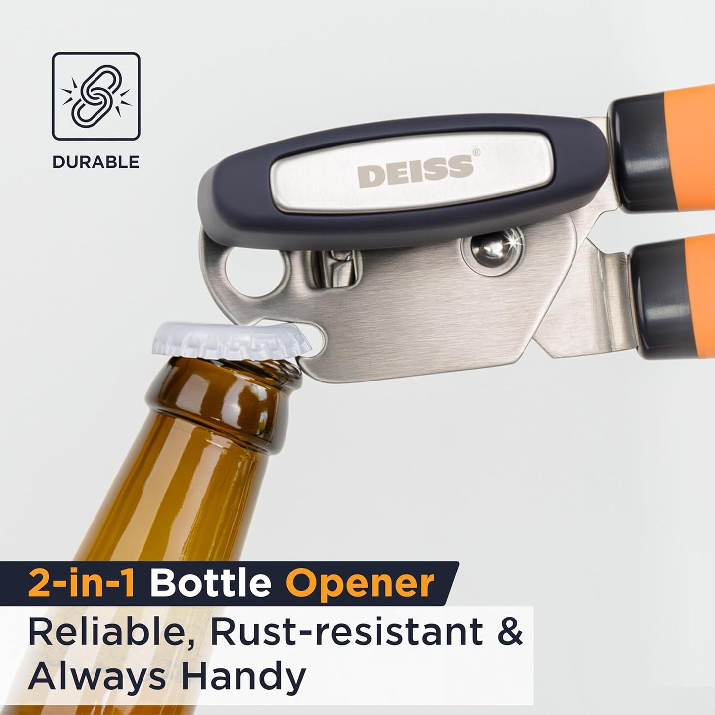 Deiss PRO Hand Held Can Opener – Smooth Edge Can Opener Manual & Bottle Opener, Heavy Duty Stainless Steel Can Openers, Effortless Turn Knob, Sharp Blade for Easy Cutting, Non-Slip Ergonomic Handle