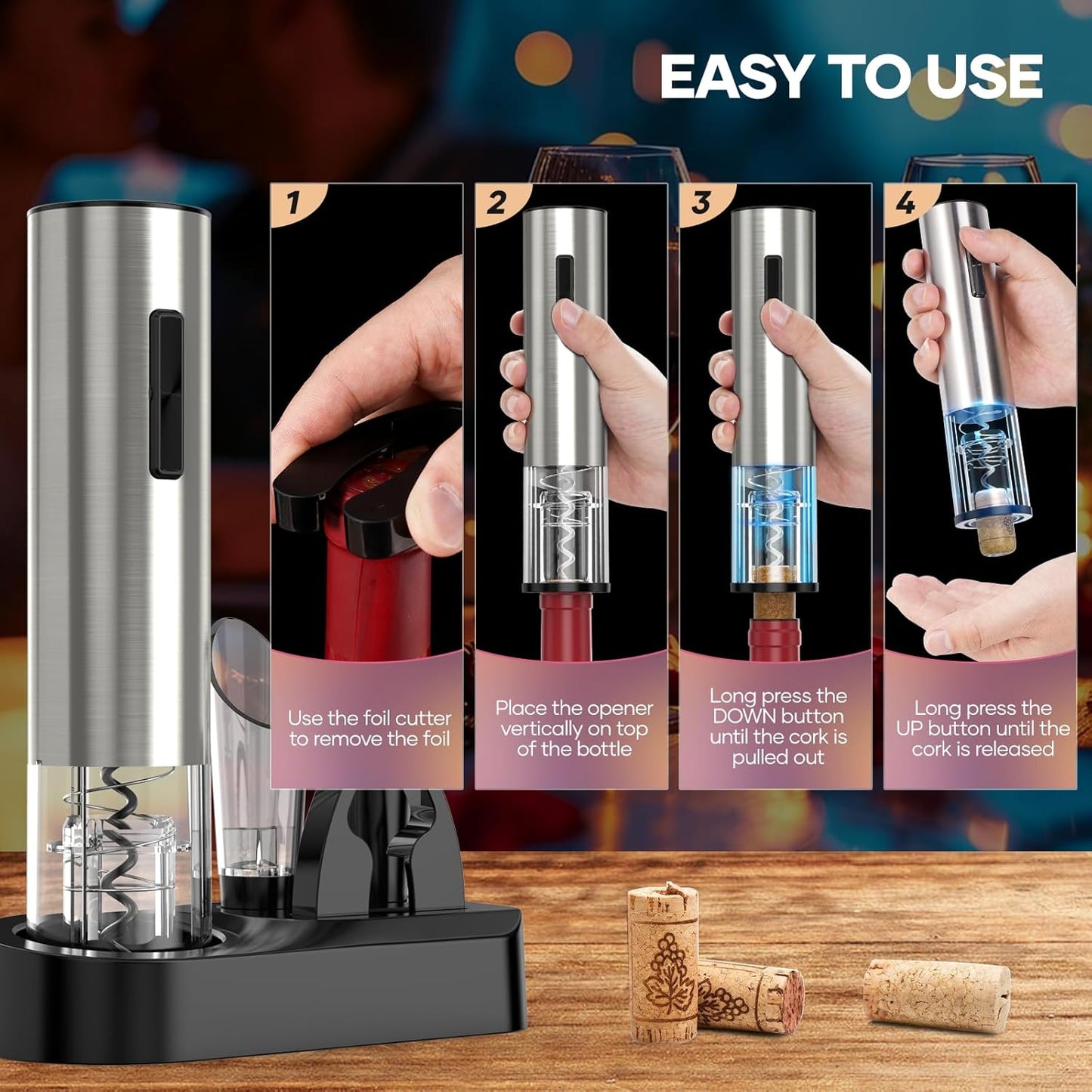 Crenova Electric Wine Opener, Rechargeable Wine Bottle Opener, Automatic Corkscrew with Vacuum Stopper, Aerator Pourer, Foil Cutter, Display Base, Gifts for Valentines Day New Home Wedding Birthday