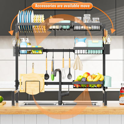 YKLSLH 4 Baskets Over The Sink Dish Drying Rack, Extendable Large Capacity Sink Rack, Metal Drying Rack Saving Space,for Most Sinks (26.57"-35")