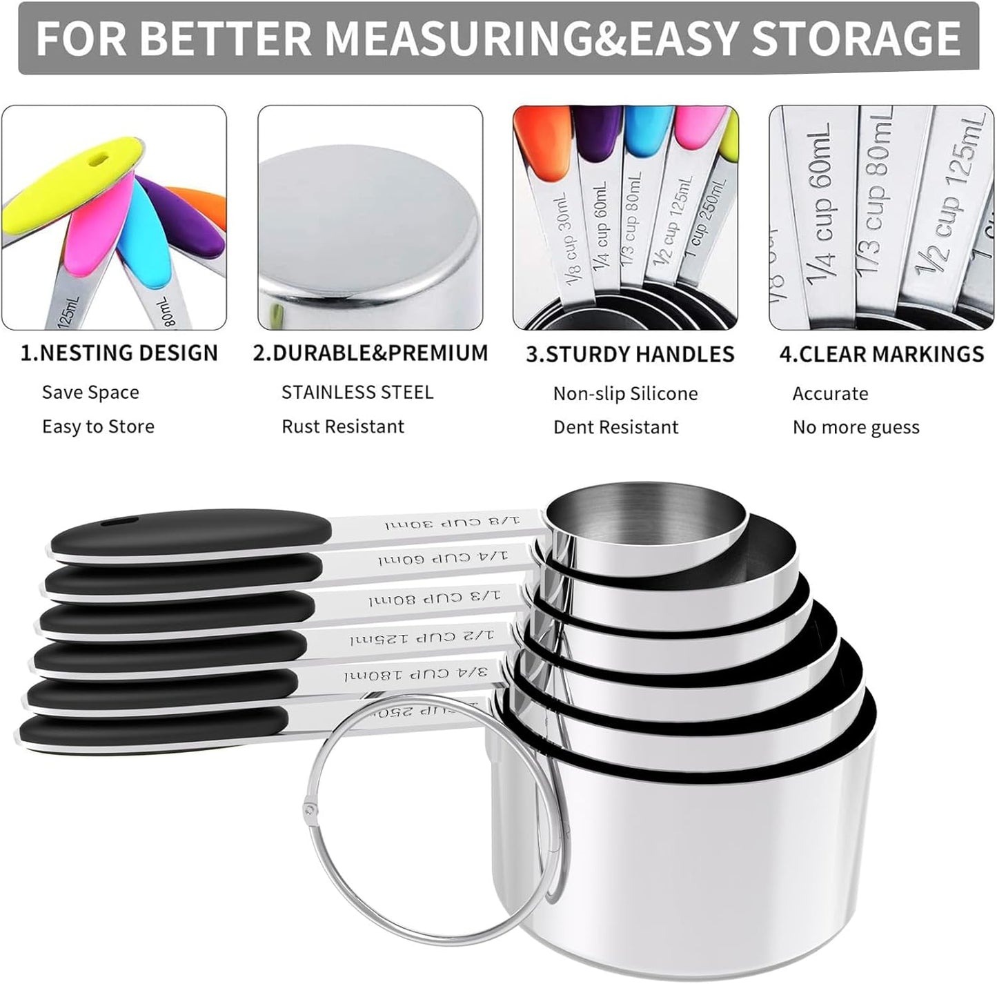TILUCK Measuring Cups and Spoons Set, Stainless Steel, Kitchen Utensils for Cooking and Baking (10)