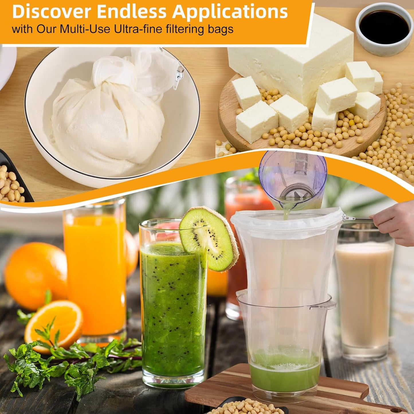 5 Pcs Premium Ultra Fine Mesh Strainer Bags with Stainless Steel Handle, Reusable Nut Milk Bags, Cheese Cloths for Straining Juice, NutMilk, Coffee, Thai Tea, Yogurt and Soup (Medium)