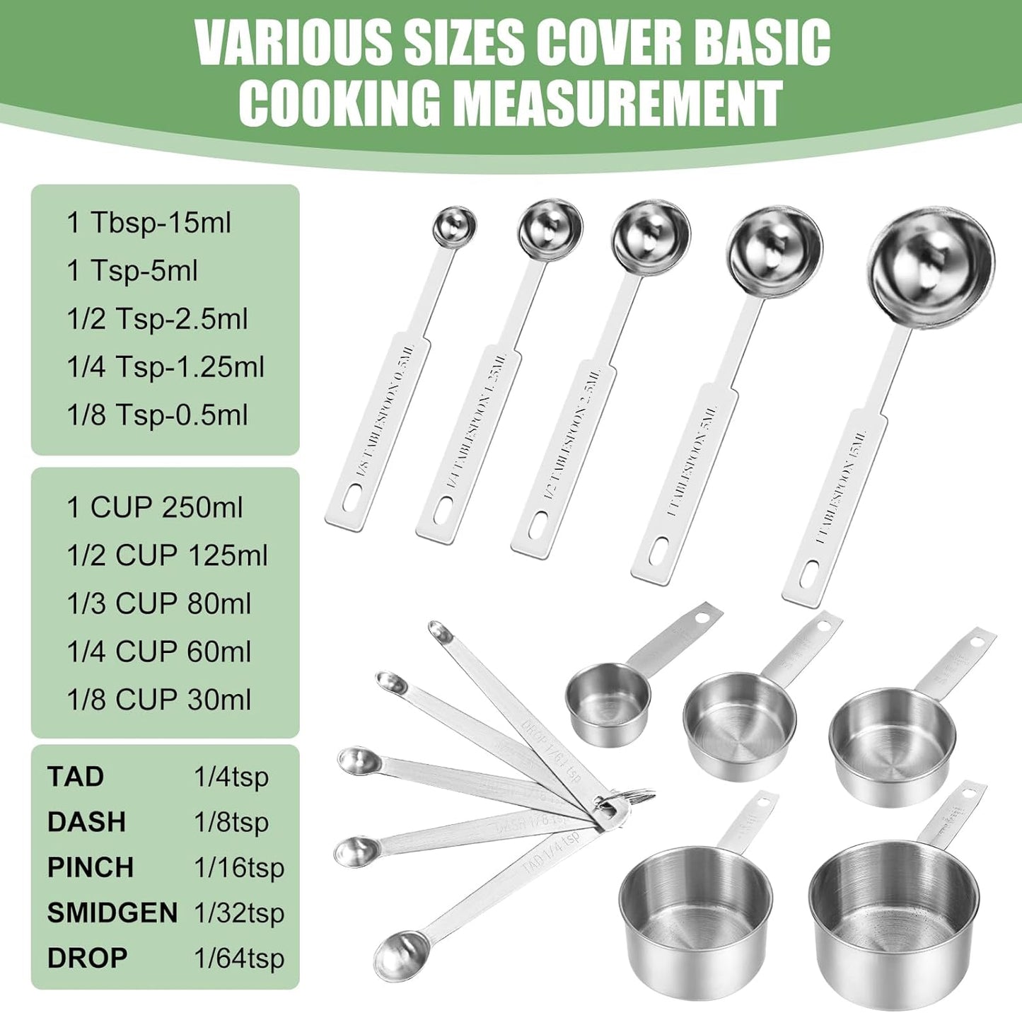 Measuring Cups and Spoons Set of 16,5 Nesting Metal Measuring Cups and 5 Measuring Spoons,1 Leveler and 5 Mini Measuring Spoons for Cooking,Baking,Dry and Liquid Ingredients