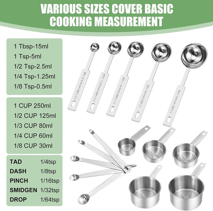 Measuring Cups and Spoons Set of 16,5 Nesting Metal Measuring Cups and 5 Measuring Spoons,1 Leveler and 5 Mini Measuring Spoons for Cooking,Baking,Dry and Liquid Ingredients