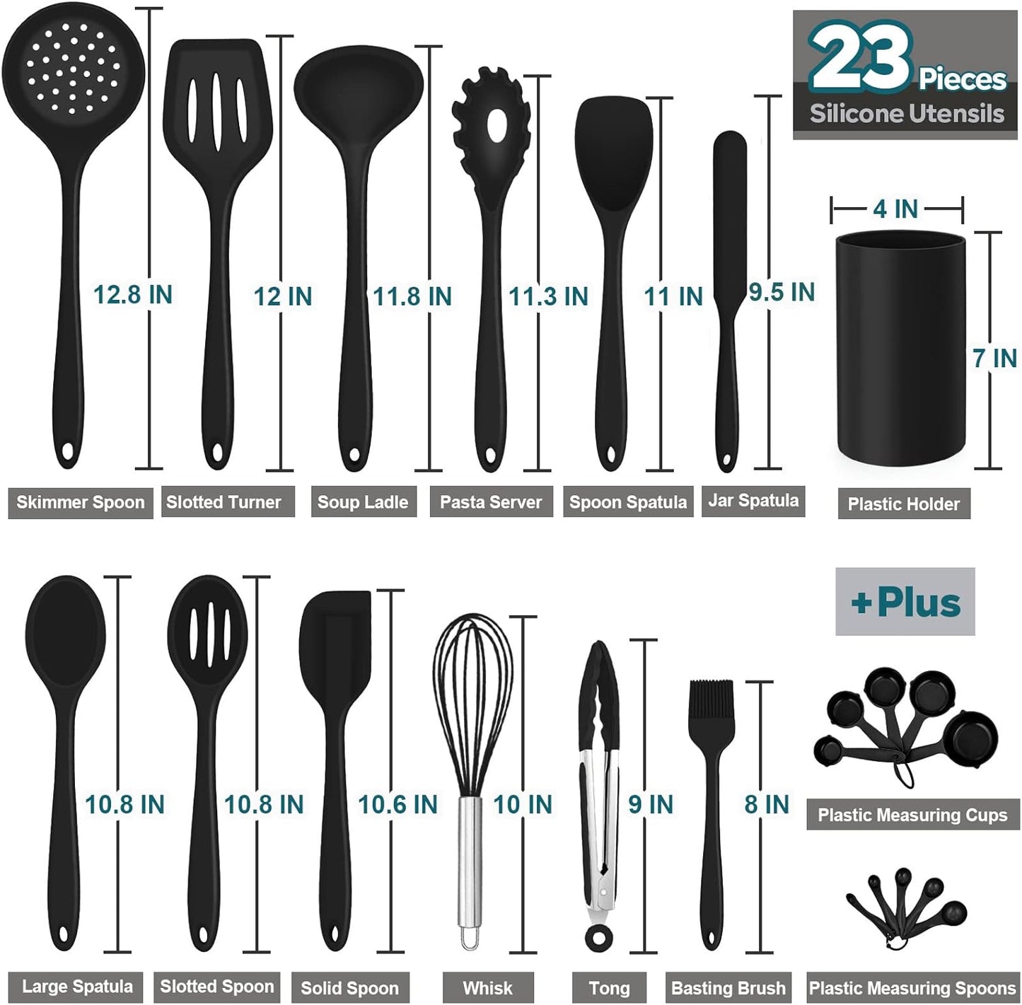 E-far Silicone Cooking Utensils Set, 7-Piece Black Heat Resistant Kitchen Utensils Set, Kitchen Nonstick Tools Spatula Ladle Spoon Pasta Server for Non-stick Cookware, Non-Toxic & Dishwasher safe