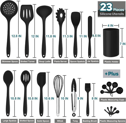 E-far Silicone Cooking Utensils Set, 7-Piece Black Heat Resistant Kitchen Utensils Set, Kitchen Nonstick Tools Spatula Ladle Spoon Pasta Server for Non-stick Cookware, Non-Toxic & Dishwasher safe