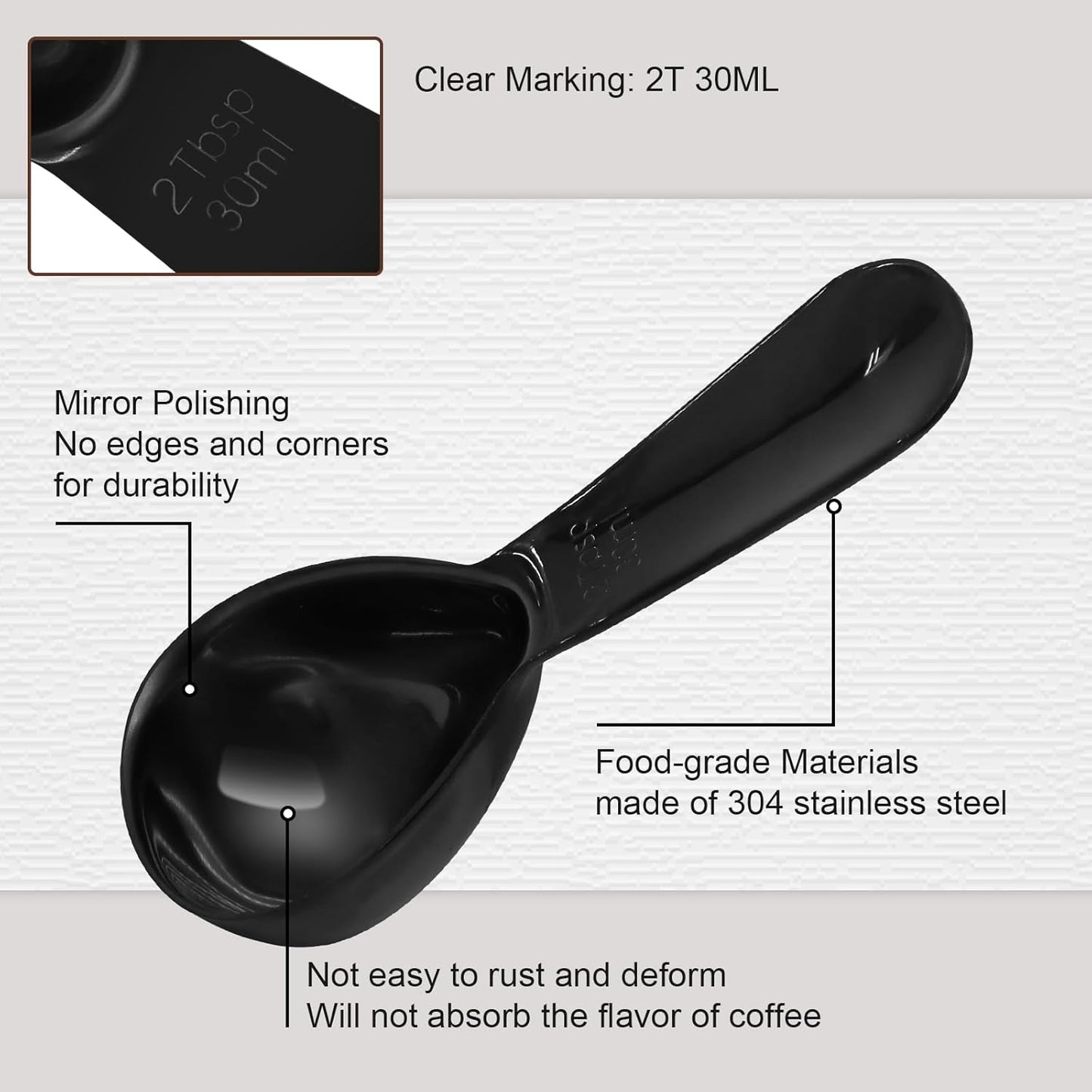Coffee Scoops 2Tbs (30ml/ 1/8 Cup / 1 oz), Black 304 Stainless Steel Coffee 2 Tablespoon Scoop Short Handle Measuring Spoon, Set of 2